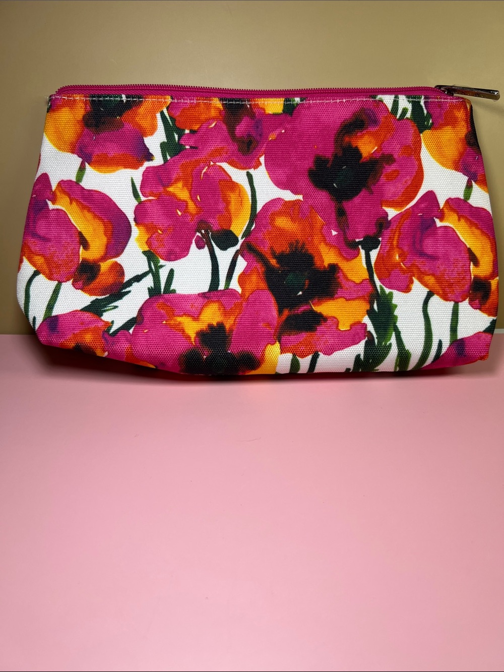 Floral Canvas Zip Pouch - Pink & Orange